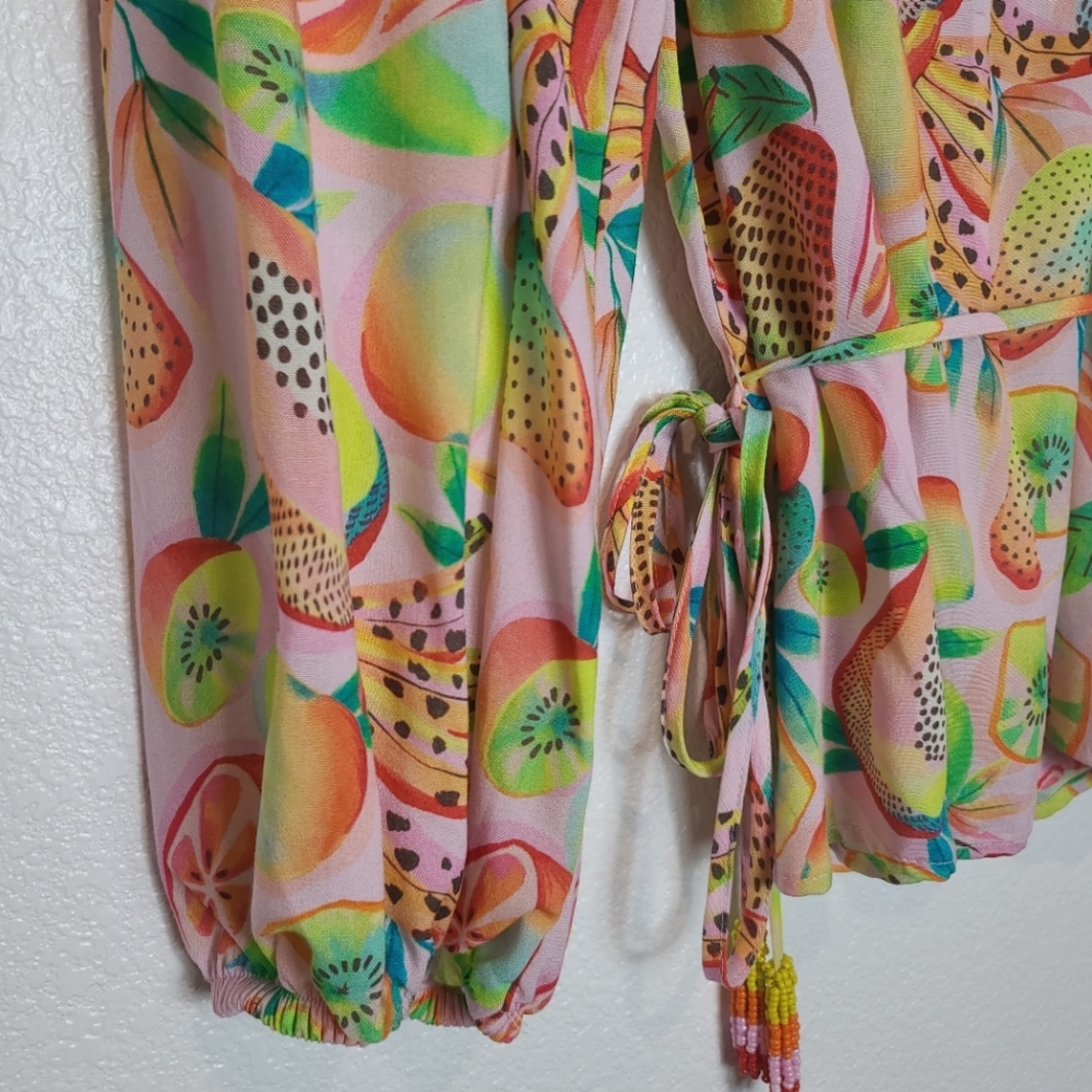 Anthropologie Farm Rio Rainbow Forest Fruits Print Wrap Blouse - Picture 13 of 13